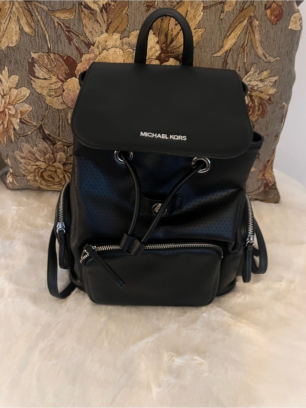 MICHAEL KORS Black Perforated Leather Drawstring Backpack